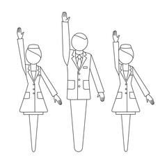 Man in a business suit,  woman in a white coat with a raised hand. Voting. Sign and symbol. Pharmacy and medicine. Illustration uniform silhouette