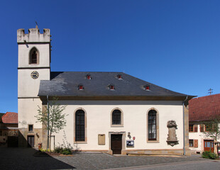 Baroque church with gothic bell tower in the village of Rehborn, Pfalz region in Germany