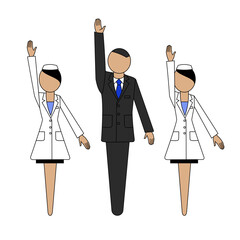 Man in a business suit,  woman in a white coat with a raised hand. Voting. Sign and symbol. Pharmacy and medicine. Illustration uniform silhouette