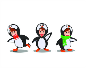 little boy wearing a penguin costume with several poses