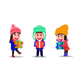 three children holding gift boxes in winter clothes
