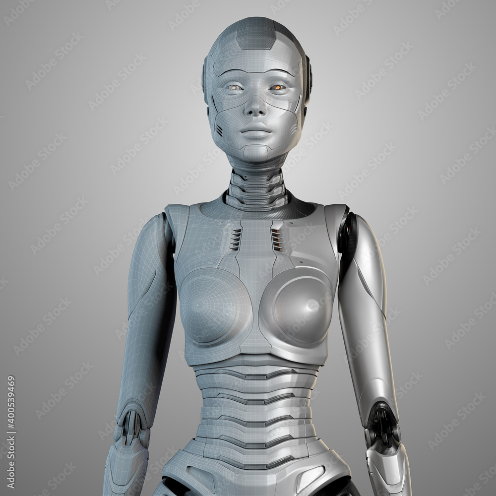 Poster 3d render of detailed futuristic woman or cybernetic girl in two polygonal shader and grey wireframe