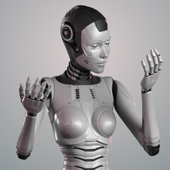 3d render of a very detailed female robot or futuristic cyber girl looking at her arms, Front view of the upper body isolated on grey background