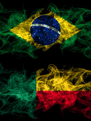 Brazil, Brazilian vs Benin, Beninese smoky mystic flags placed side by side. Thick colored silky abstract smoke flags.