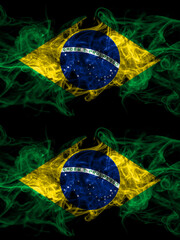 Brazil, Brazilian vs Brazil, Brazilian smoky mystic flags placed side by side. Thick colored silky abstract smoke flags.