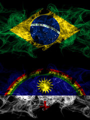 Brazil, Brazilian vs Brazil, Brazilian, Pernambuco smoky mystic flags placed side by side. Thick colored silky abstract smoke flags.