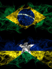 Brazil, Brazilian vs Brazil, Brazilian, Rondonia  smoky mystic flags placed side by side. Thick colored silky abstract smoke flags.