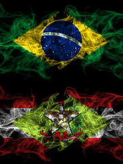 Brazil, Brazilian vs Brazil, Brazilian, Santa Catarina smoky mystic flags placed side by side. Thick colored silky abstract smoke flags.