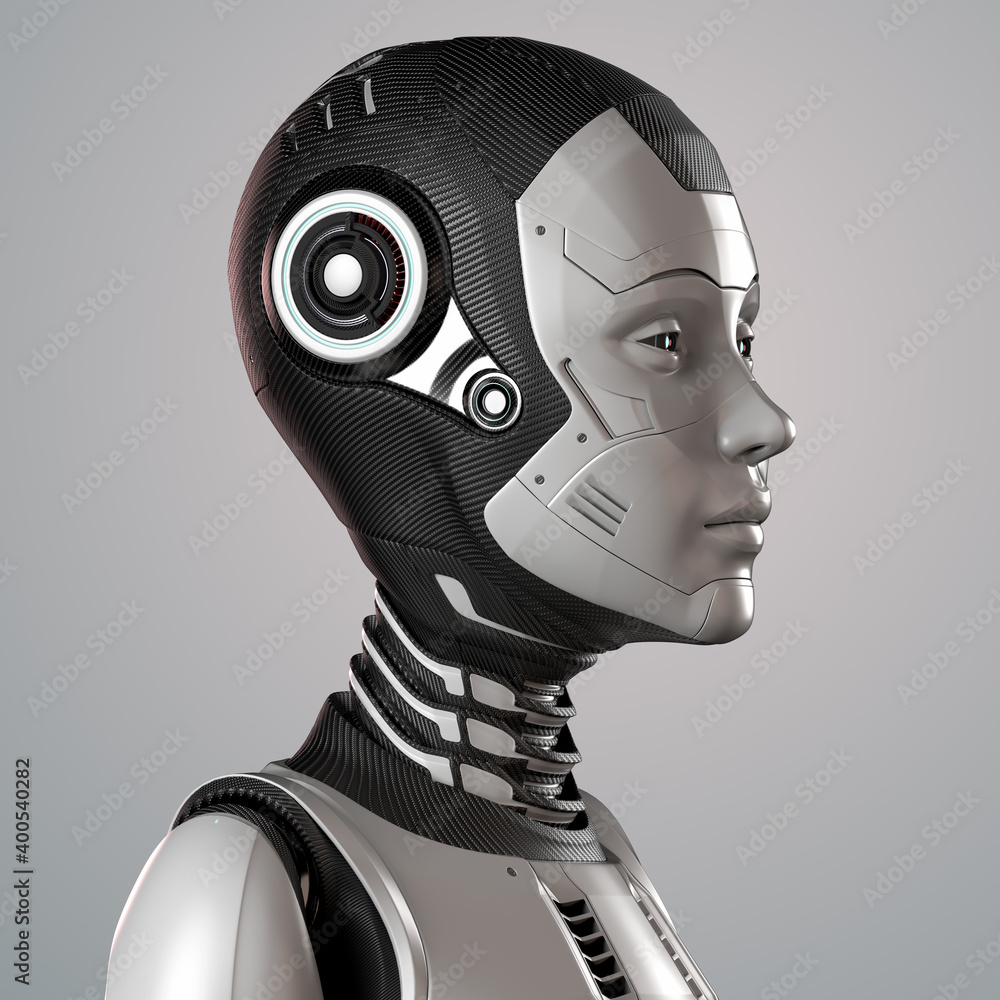 Poster 3d render of a very detailed robot face or technological cyborg head. side view isolated on grey bac