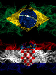 Brazil, Brazilian vs Croatia, Croatian smoky mystic flags placed side by side. Thick colored silky abstract smoke flags.