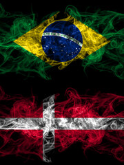 Brazil, Brazilian vs Denmark, Danish smoky mystic flags placed side by side. Thick colored silky abstract smoke flags.