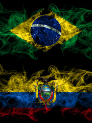 Brazil, Brazilian vs Ecuador, Ecuadorian smoky mystic flags placed side by side. Thick colored silky abstract smoke flags.