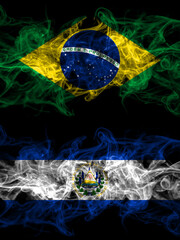 Brazil, Brazilian vs El Salvador, Salvadorian smoky mystic flags placed side by side. Thick colored silky abstract smoke flags.