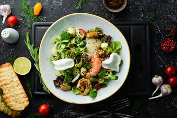 Seafood salad: mussels, shrimp, squid. Top view. Free space for text.