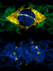 Brazil, Brazilian vs Europe, European, European Union smoky mystic flags placed side by side. Thick colored silky abstract smoke flags.