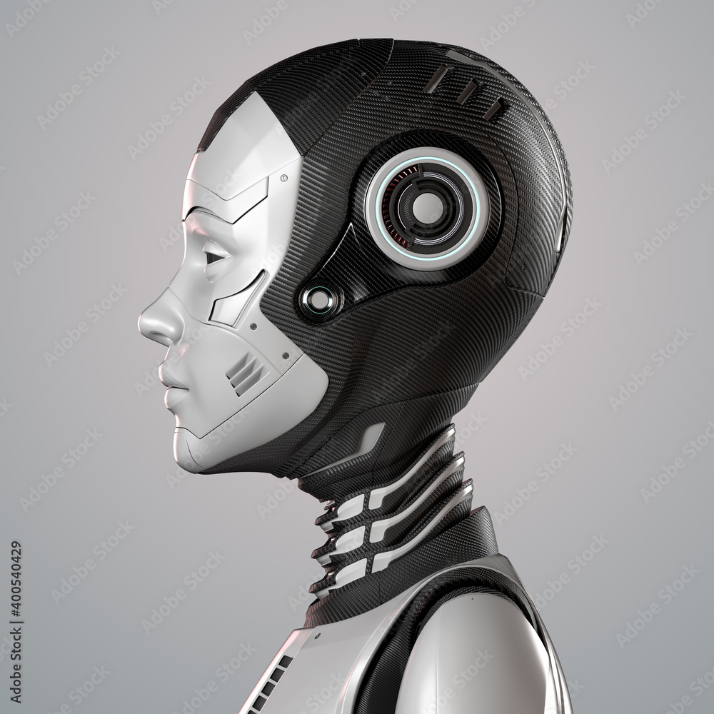 Poster 3d render of a very detailed robot face or technological cyborg head. side view isolated on grey bac