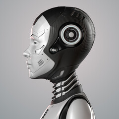 3D render of a very detailed robot face or technological cyborg head. Side view isolated on grey background
