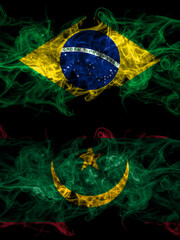 Fototapeta na wymiar Brazil, Brazilian vs Mauritania smoky mystic flags placed side by side. Thick colored silky abstract smoke flags.