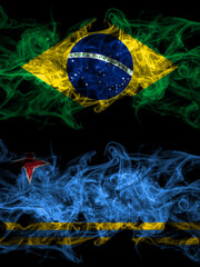 Brazil, Brazilian vs Netherlands, Dutch, Holland, Aruba smoky mystic flags placed side by side. Thick colored silky abstract smoke flags.