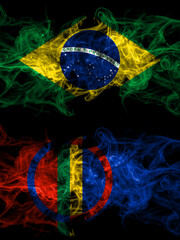 Brazil, Brazilian vs Sami smoky mystic flags placed side by side. Thick colored silky abstract smoke flags.