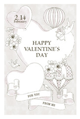 水彩風のハートの風船ととリボンと桜のバレンタインのベクターイラスト素材