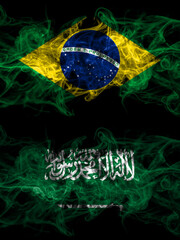 Brazil, Brazilian vs Saudi Arabia, Arabian smoky mystic flags placed side by side. Thick colored silky abstract smoke flags.