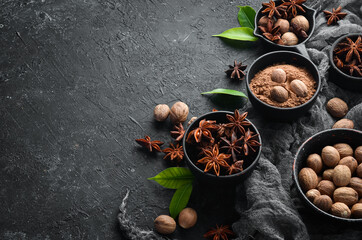 Set of fragrant Indian spices on black stone background. Nutmeg and Anise in bowls. Top view. Free space for your text.
