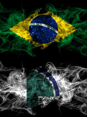 Brazil, Brazilian vs United States of America, America, US, USA, American, Brooklyn Park, Minnesota smoky mystic flags placed side by side. Thick colored silky abstract smoke flags.