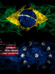 Brazil, Brazilian vs United States of America, America, US, USA, American, Easton, Pennsylvania smoky mystic flags placed side by side. Thick colored silky abstract smoke flags.