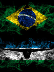 Brazil, Brazilian vs United States of America, America, US, USA, American, Fort Worth, Texas smoky mystic flags placed side by side. Thick colored silky abstract smoke flags.