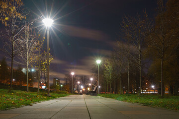 No people. Desert Star / Zvezdny boulevard in autumn night during coronavirus pandemic in Moscow. Long exposure photography