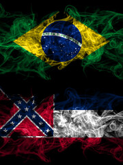 Brazil, Brazilian vs United States of America, America, US, USA, American, Mississippi smoky mystic flags placed side by side. Thick colored silky abstract smoke flags.