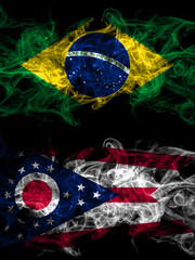 Brazil, Brazilian vs United States of America, America, US, USA, American, Ohio smoky mystic flags placed side by side. Thick colored silky abstract smoke flags.
