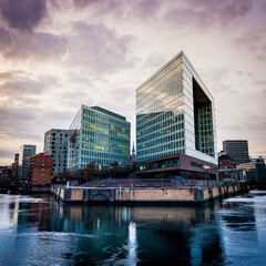 Hamburg hafencity skyline at ericusgraben with stunning front view through modern office buildings...