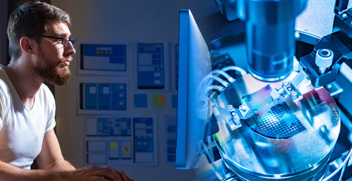 Microelectronics. Engineer works with an electron microscope. Concept - production circuit boards for mobile phones. PCB manufacturing engineer. Man at a computer monitors the production process