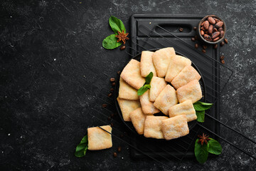 Sugar-shortbread cookies. Top view, free copy space.