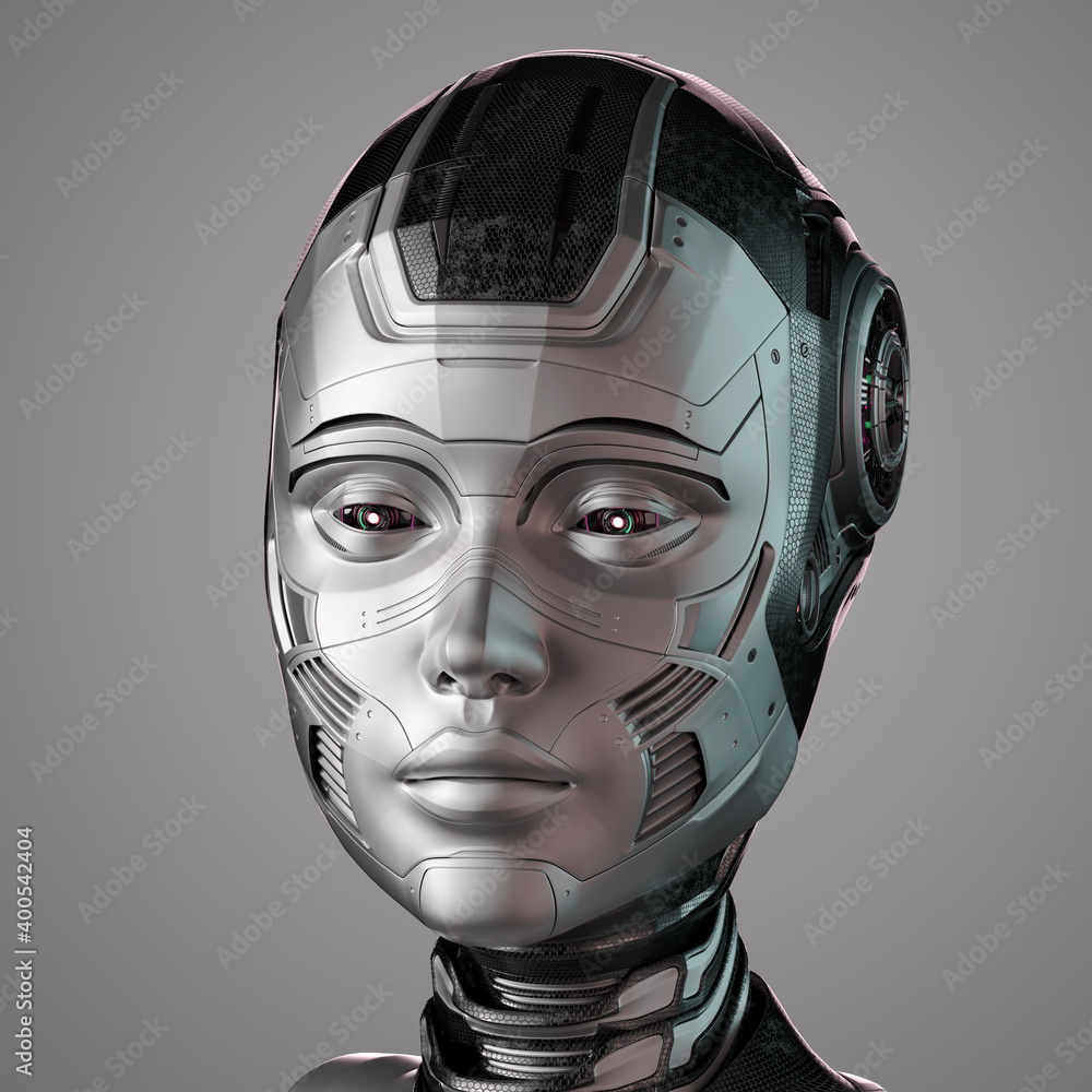 Poster 3d render of a very detailed robot face or technological cyborg head. front right view isolated on g