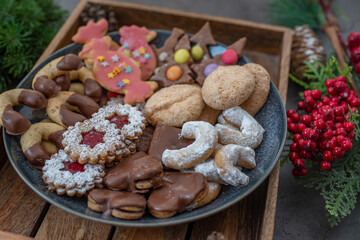 Traditional home made German Christmas Cookies on a festive table