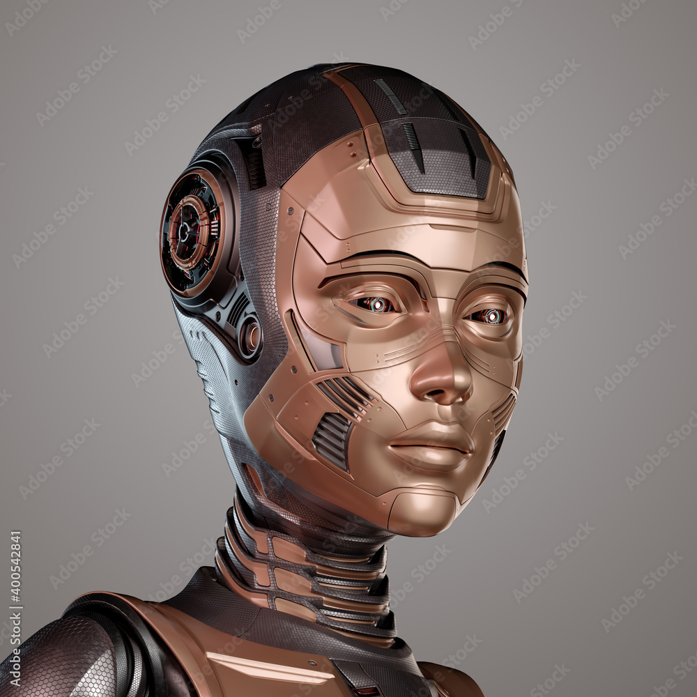 Poster 3d render of a very detailed robot face or technological cyborg head. front left view isolated on gr