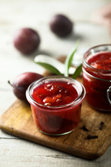 Traditional homemade plum jam, canned