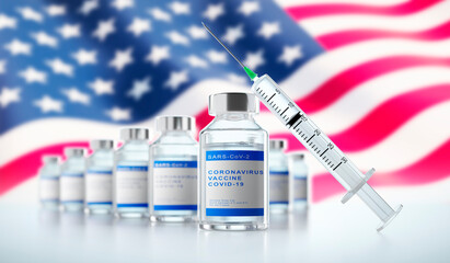 Vaccine and syringe with American flag background - 3D illustration