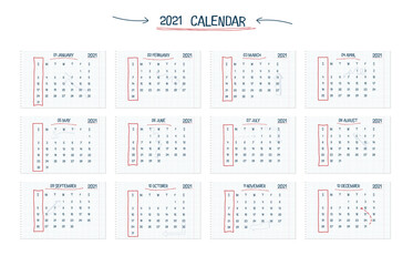 2021calendar hand drawn text school note style, separete checkered notebook sheets with lineart arrows and frames. Wall annual calendar design concept with handdrawn font type and elements