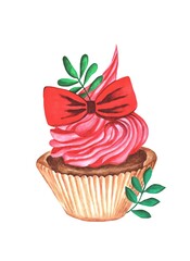Watercolor cupcake with a red bow and greenery. illustration on a white background.