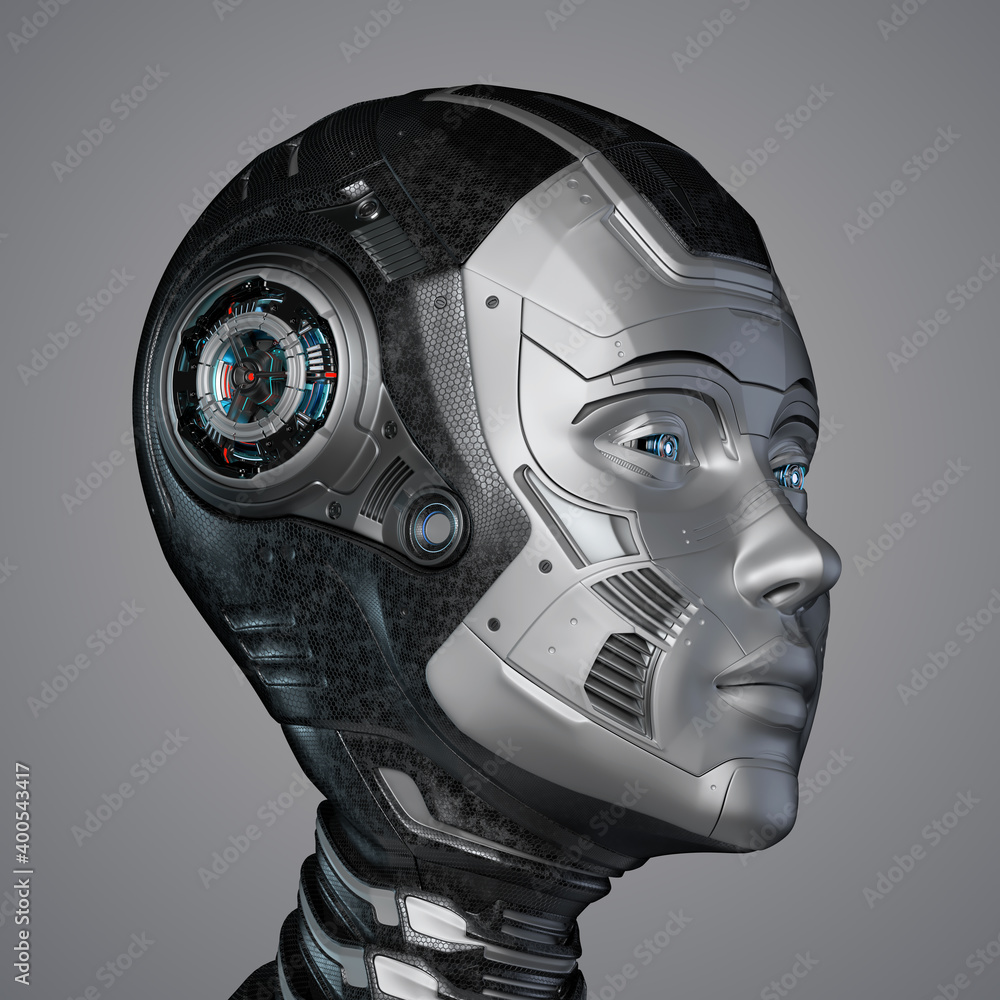 Poster 3d render of a very detailed robot face or technological cyborg head. side view isolated on grey bac