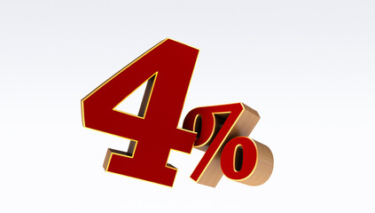 red Four ( 4 ) percent isolated  on a white background., 4 percent off, 3D render