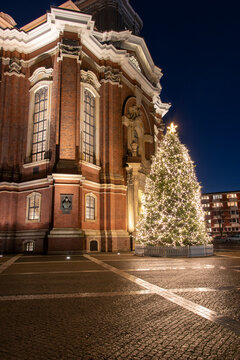 Christmas time with a big Christmas tree in front of St. Michael's church in Hamburg