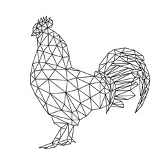 Isolated rooster in low poly style on white background. A polygonal illustration of an poultry consisting of triangles. Geometric design for the logo, for printing on clothes or poster. Vector. © Dasha Si