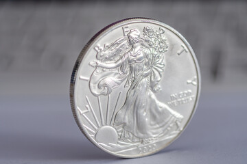 Isolated close up macro of a one ounce .999 US Silver Eagle Coin