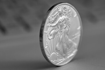 Isolated close up macro of a one ounce .999 US Silver Eagle Coin