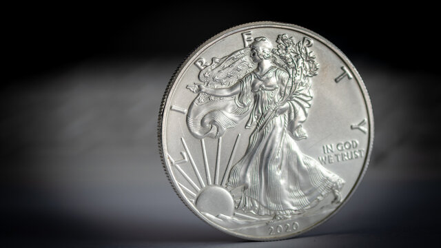 Isolated close up macro of a one ounce .999 US Silver Eagle Coin